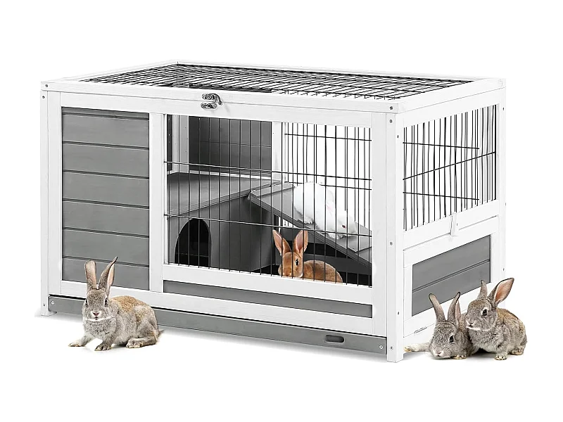YODOLLA Cage à Lapin 2 étages  Clapier Bois Intérieur avec Porte Verrouillable et Plateau Amovible, 90x50x55cm,Gris