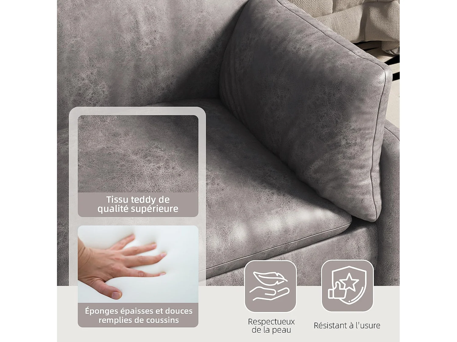 YODOLLA Canapé 2-3 Places Moderne 172 cm - Cuir Synthétique Résistant, Coussin Épais, Confortable pour Salon/Chambre, Gris