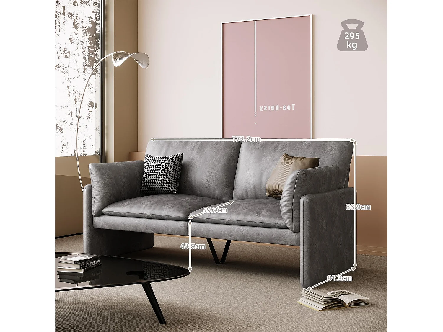 YODOLLA Canapé 2-3 Places Moderne 172 cm - Cuir Synthétique Résistant, Coussin Épais, Confortable pour Salon/Chambre, Gris