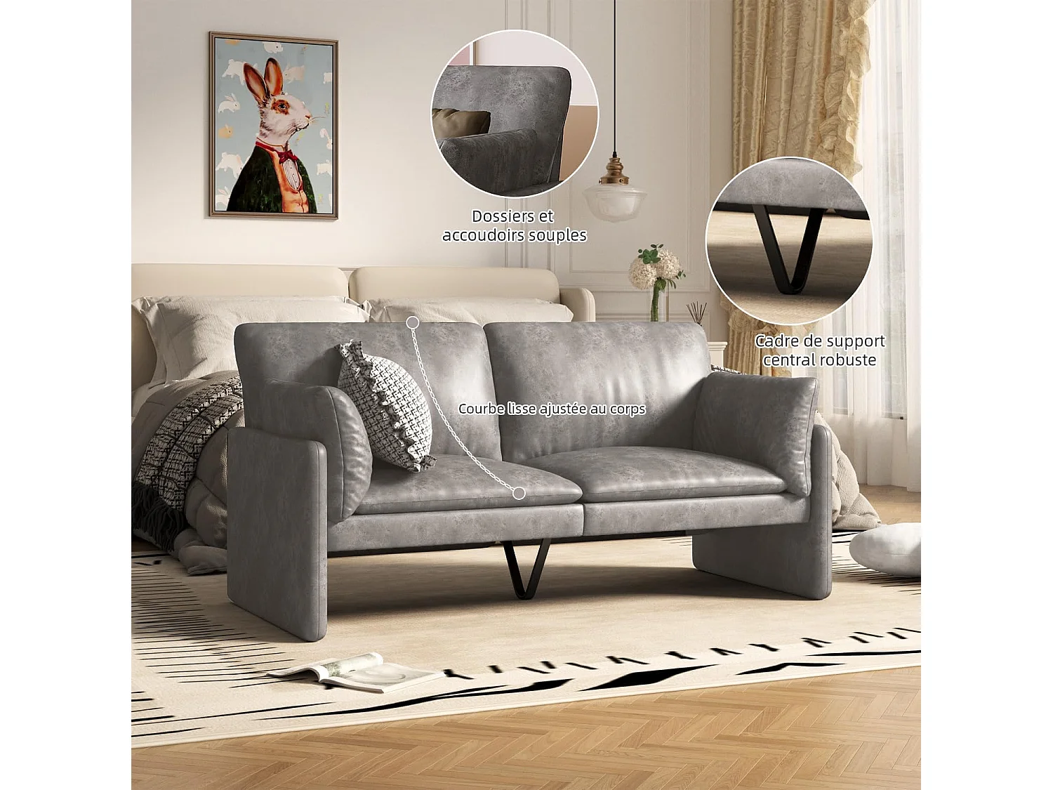 YODOLLA Canapé 2-3 Places Moderne 172 cm - Cuir Synthétique Résistant, Coussin Épais, Confortable pour Salon/Chambre, Gris