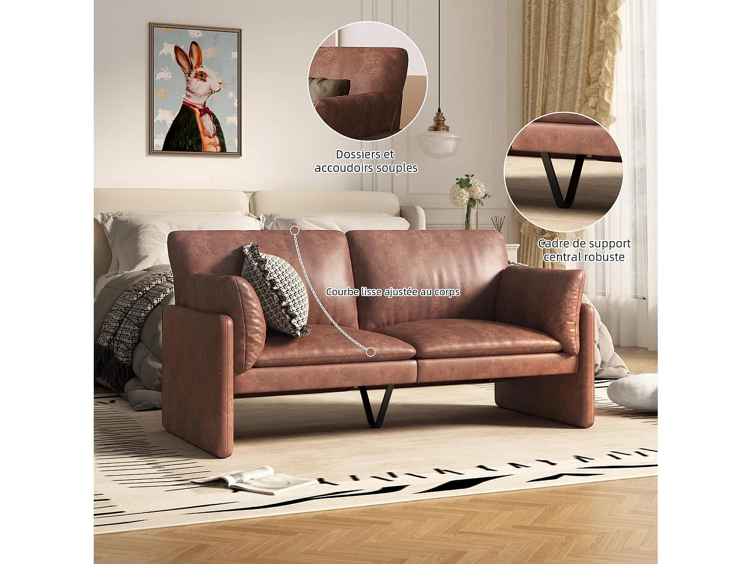 YODOLLA Canapé 2-3 Places Moderne 172 cm - Cuir Synthétique Résistant, Coussin Épais, Confortable pour Salon/Chambre, Brun