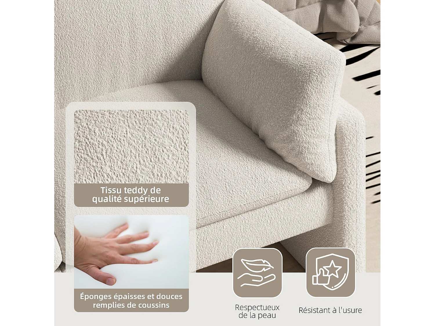 YODOLLA Canapé 2-3 Places Moderne 172 cm - Tissu Teddy Blanc, Coussin Épais, Confortable pour Salon/Chambre