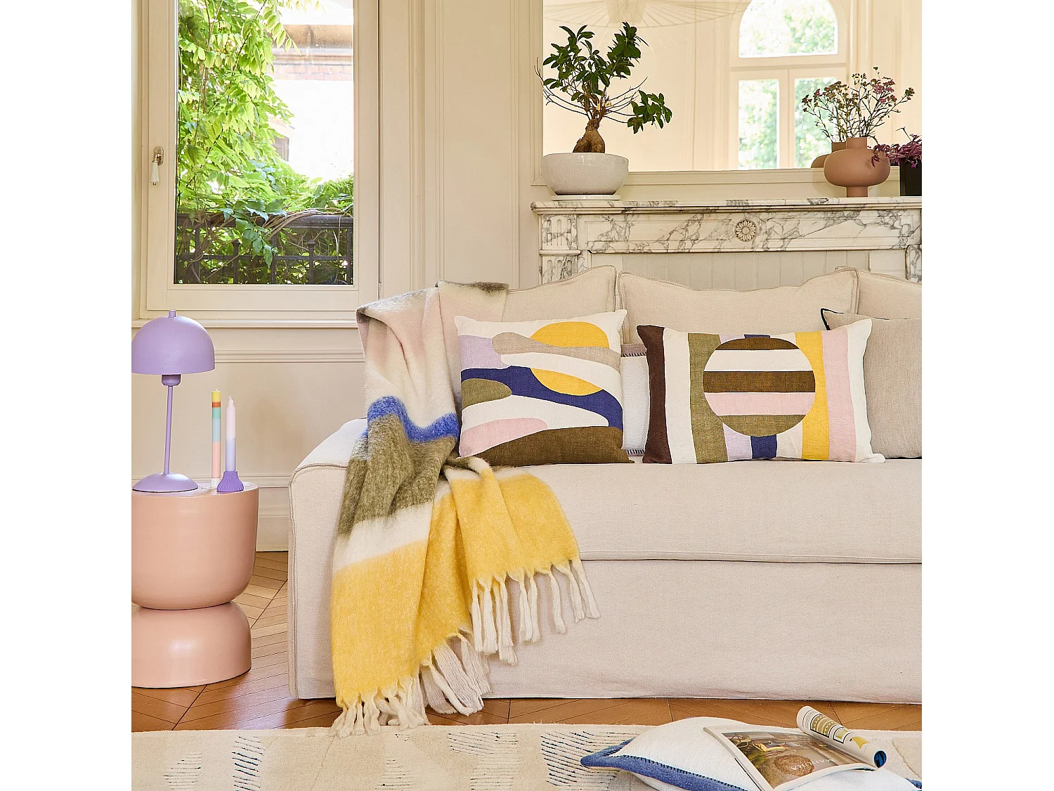 Coussin en lin - 45 x 45 cm - Vert kaki et bleu - Design by Floriane Jacques