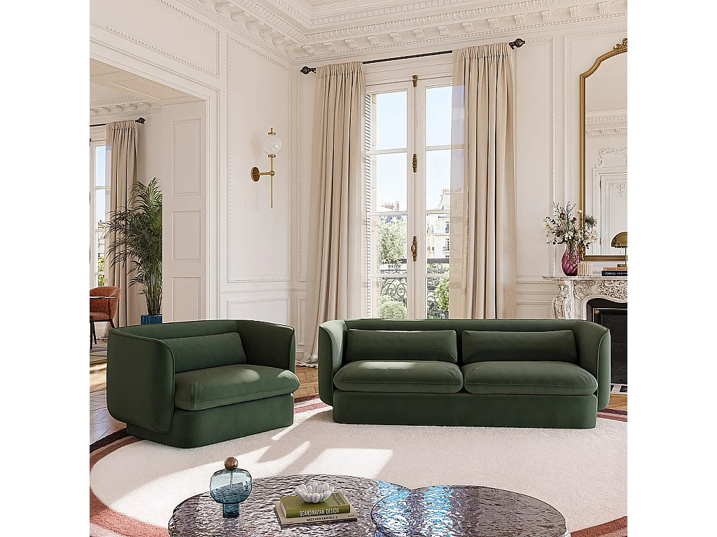 Habitat - Ensemble canapé 3 places et fauteuil garnis de plumes - Vert kaki - Kalmia