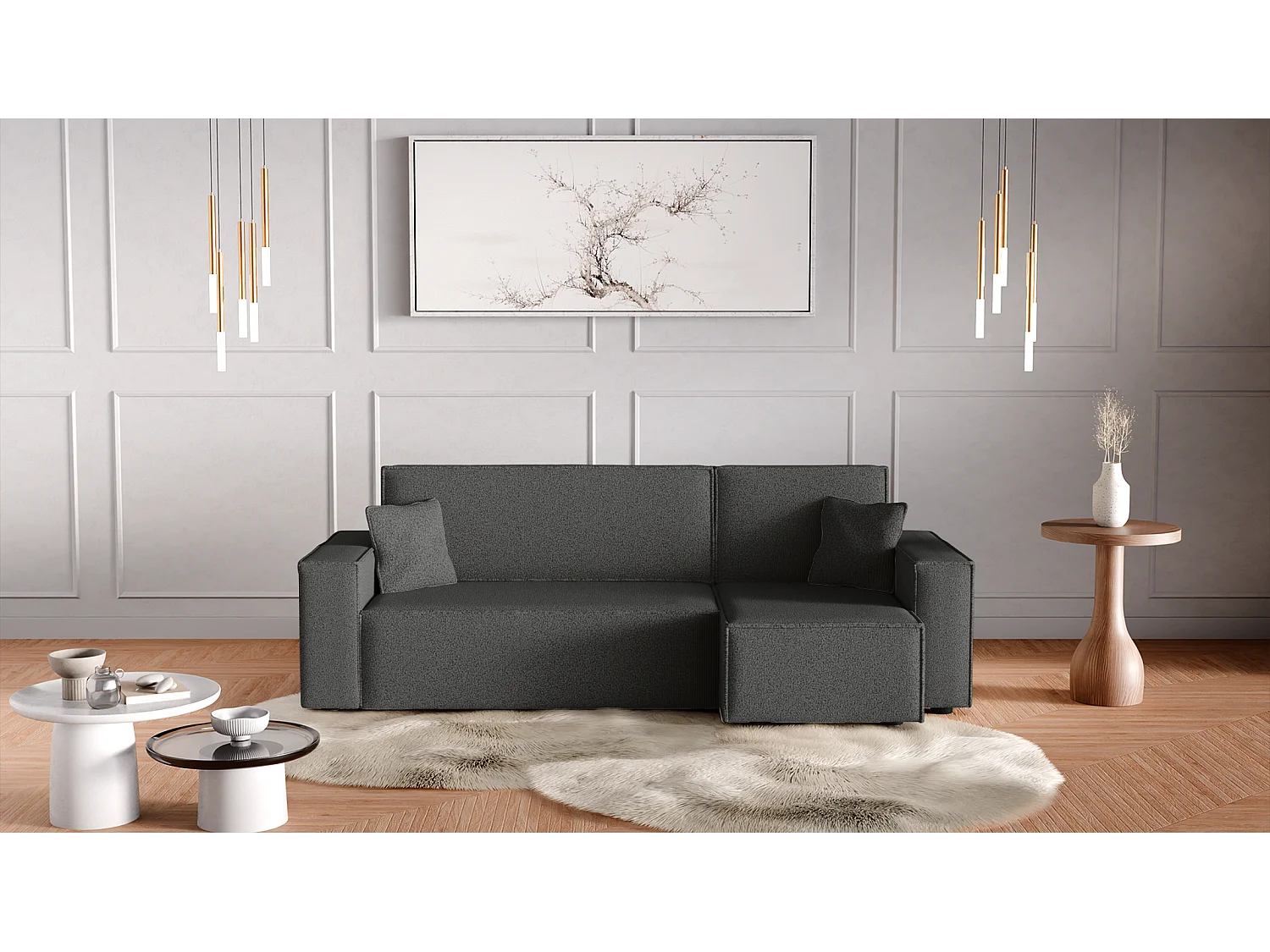 Canapé d'Angle convertible avec fonction de couchage tissu boucle Anthracite Karl L du fabricant