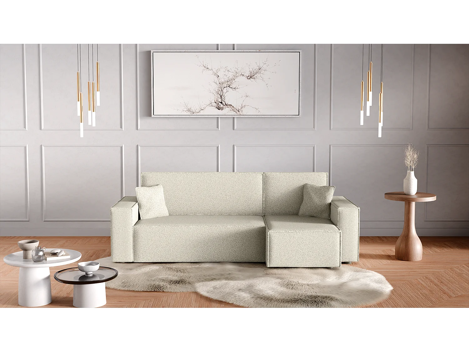 Canapé d'Angle convertible avec fonction de couchage tissu boucle beige Karl L PREMIUM