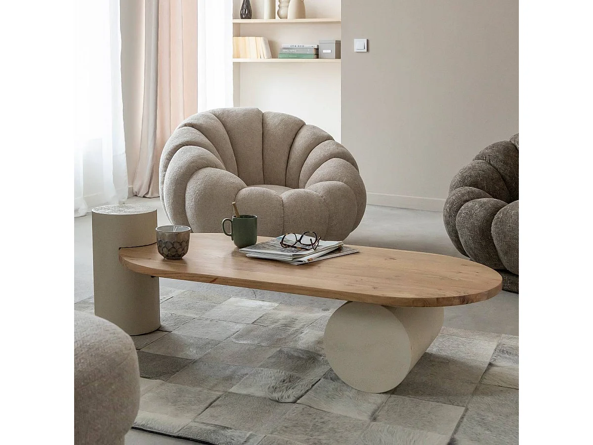 Table basse ovale en bois effet béton et bois d'acacia Dalva