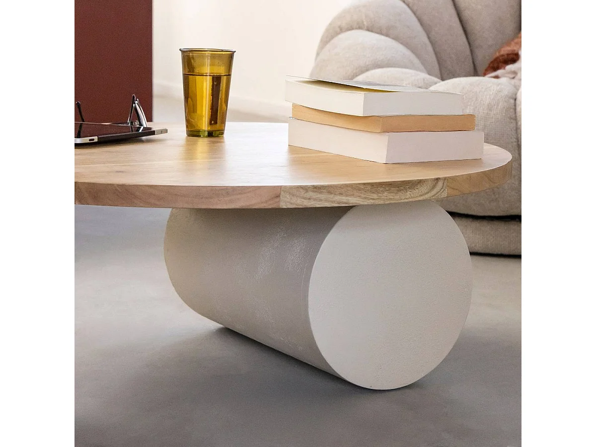 Table basse ronde en bois effet béton et bois d'acacia Dalva