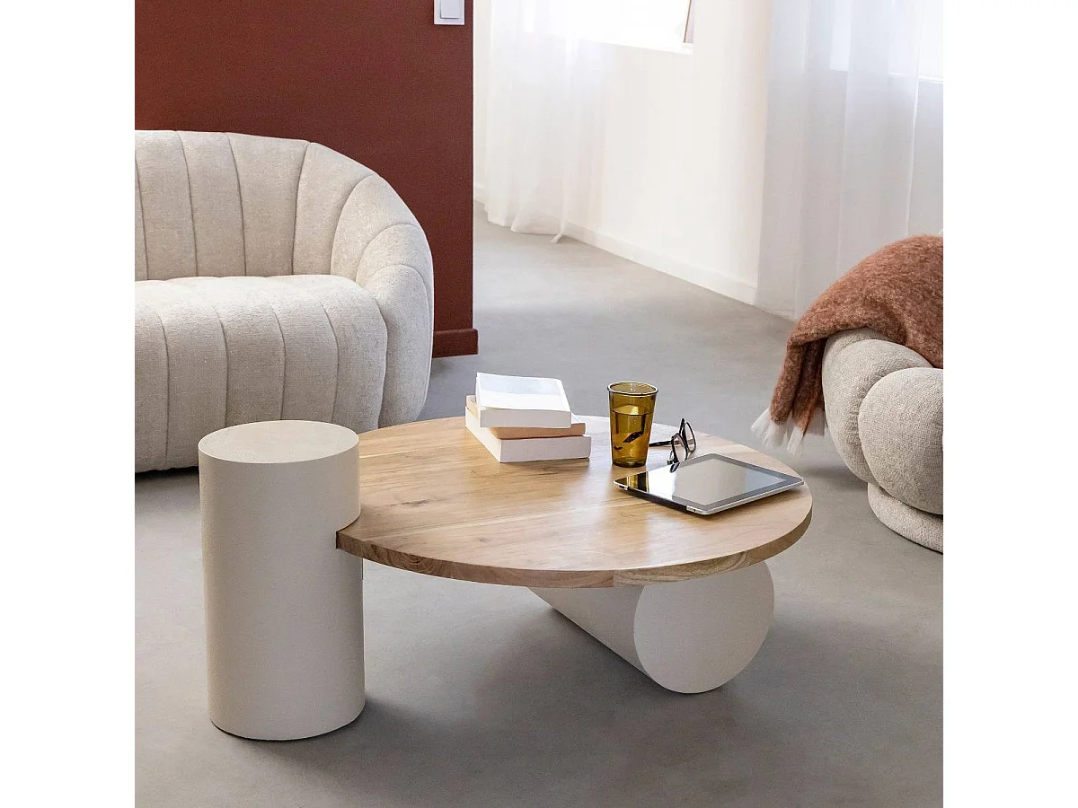 Table basse ronde en bois effet béton et bois d'acacia Dalva