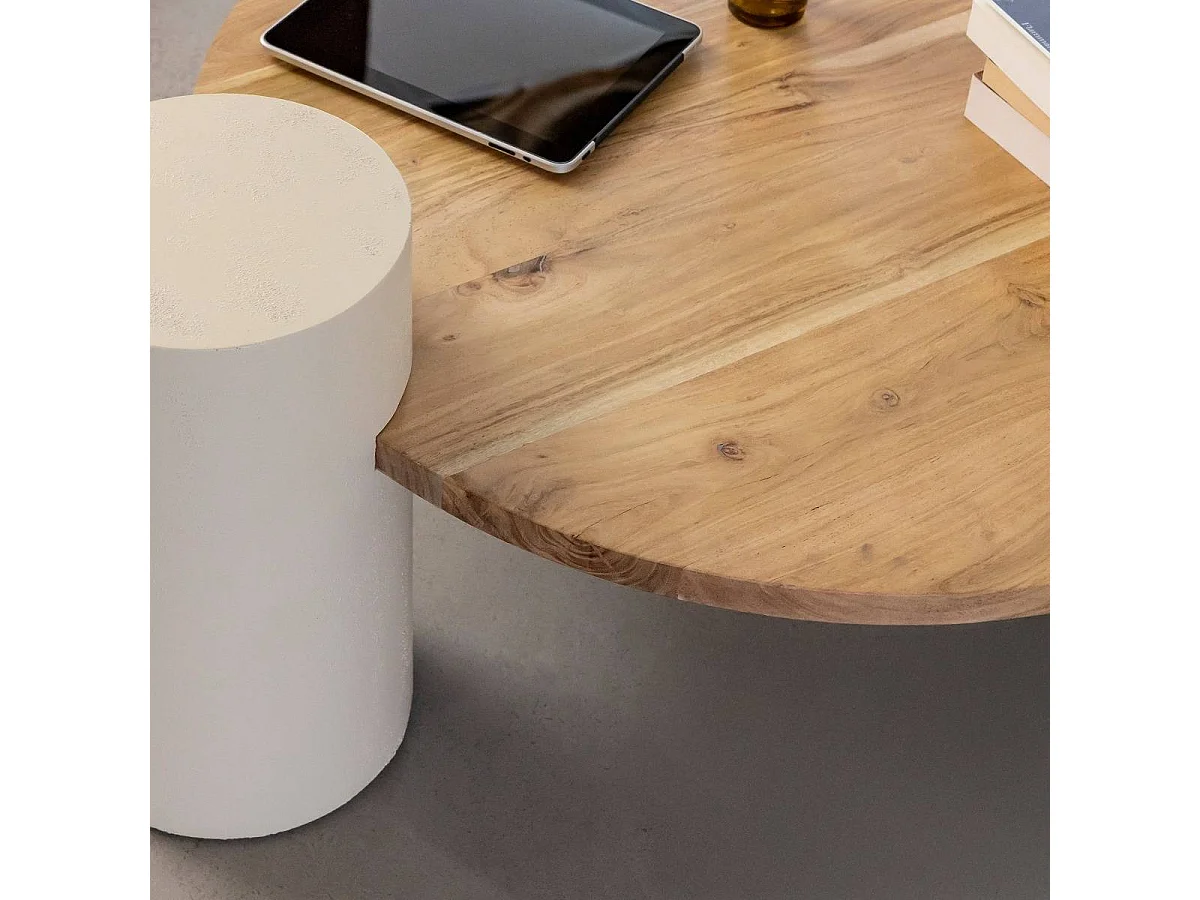 Table basse ronde en bois effet béton et bois d'acacia Dalva