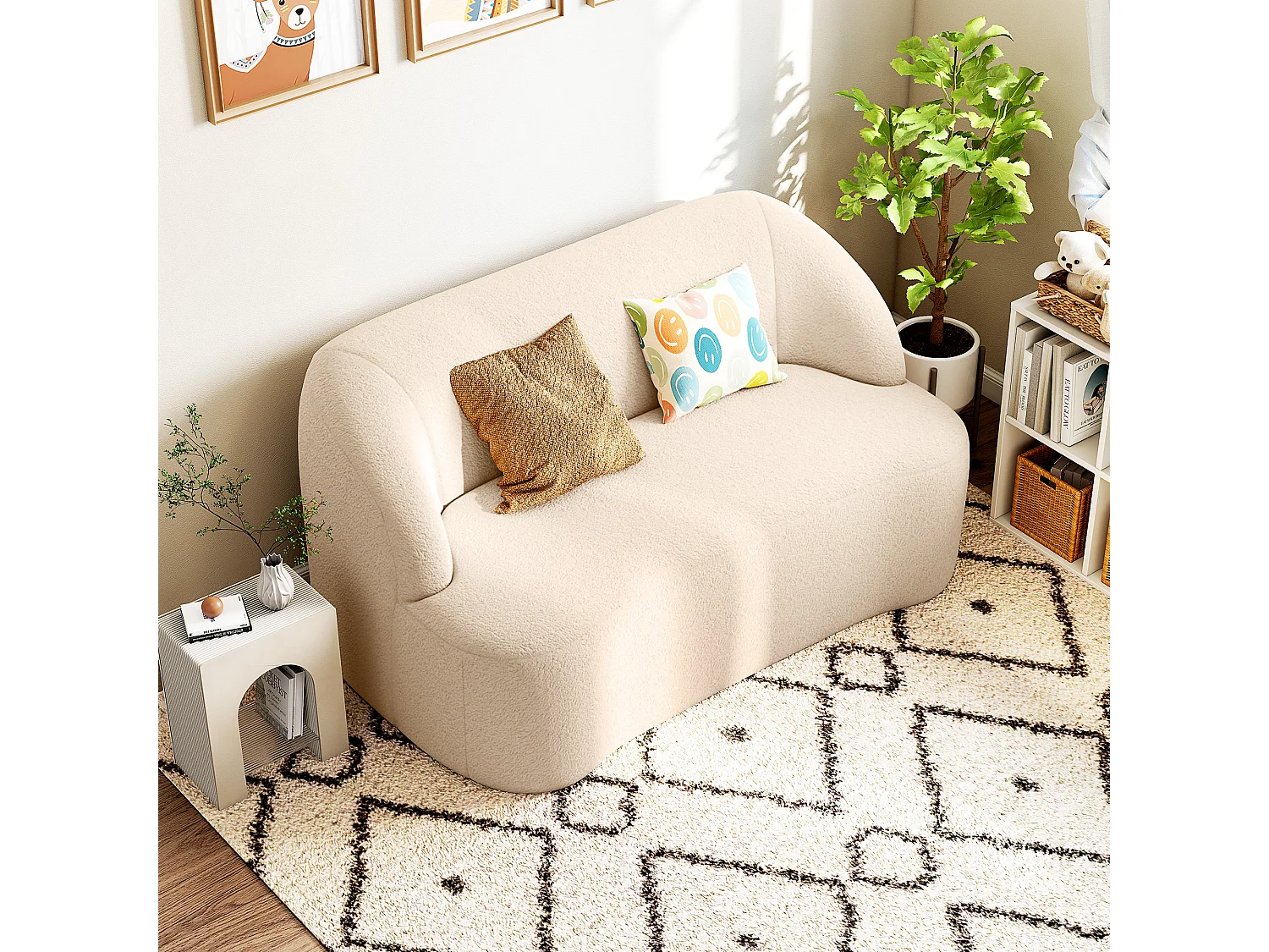 Canapé 2 places bouclette beige dim. 142 x 85 x 73,5 cm aucun montage