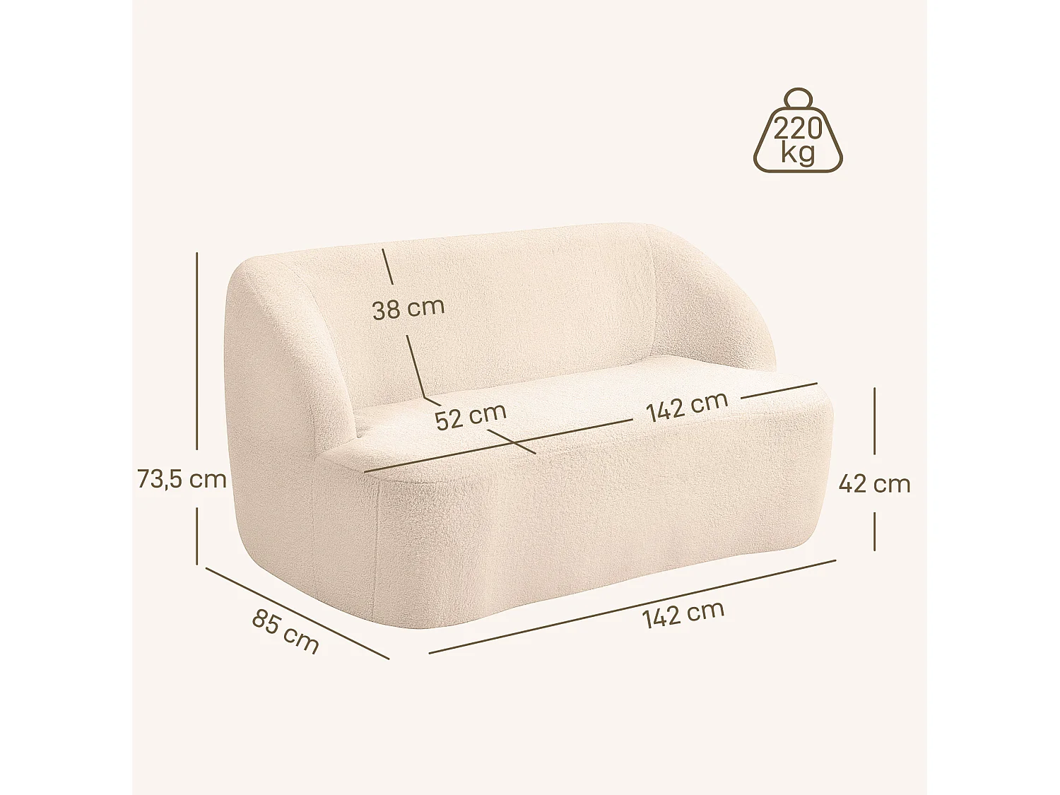 Canapé 2 places bouclette beige dim. 142 x 85 x 73,5 cm aucun montage