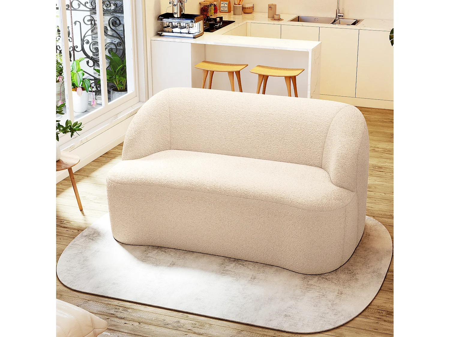 Canapé 2 places bouclette beige dim. 142 x 85 x 73,5 cm aucun montage