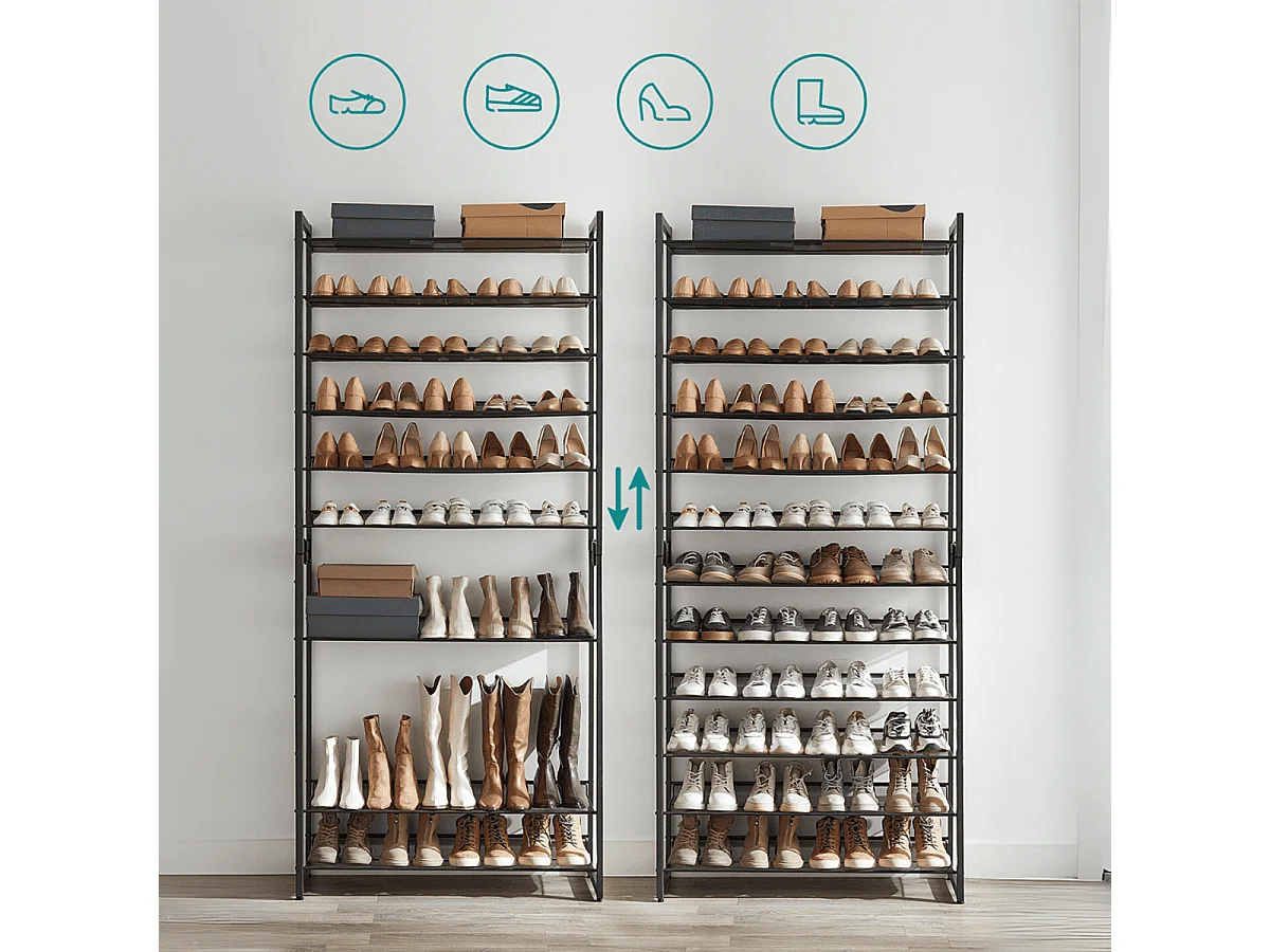 Etagère à chaussures 12 niveaux en métal noir - H221,4 cm