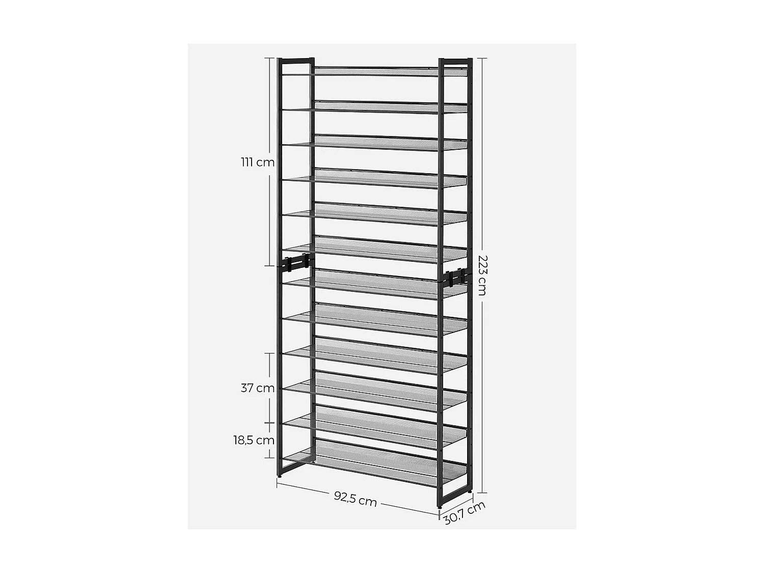 Etagère à chaussures 12 niveaux en métal noir - H221,4 cm