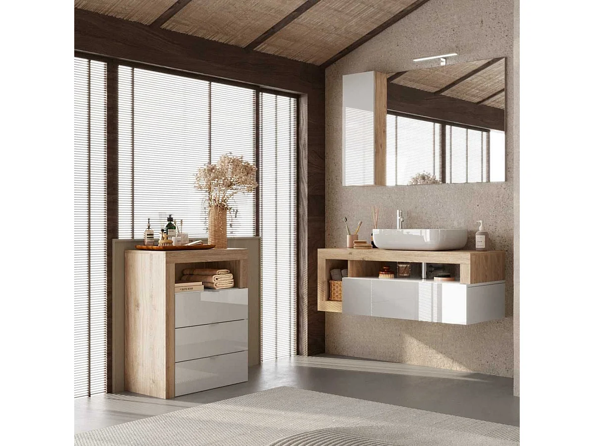 ARTURO - Rangement 3 tiroirs 64cm blanc laqué et aspect bois finition Cadiz