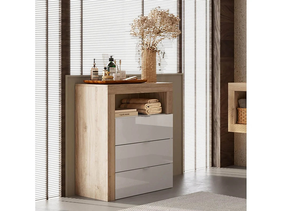ARTURO - Rangement 3 tiroirs 64cm blanc laqué et aspect bois finition Cadiz