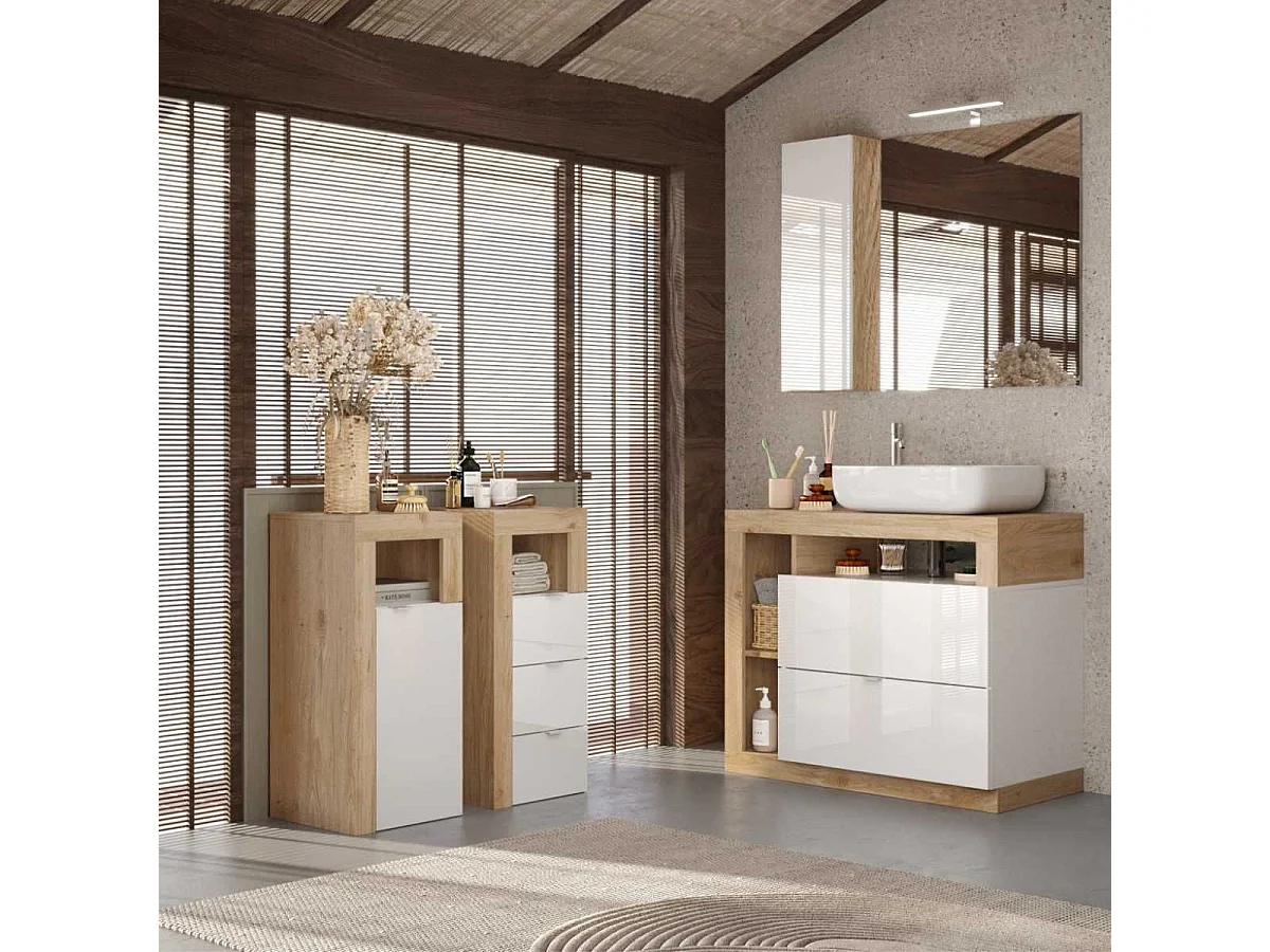 ARTURO - Rangement 3 tiroirs 35cm blanc laqué et aspect bois finition Cadiz