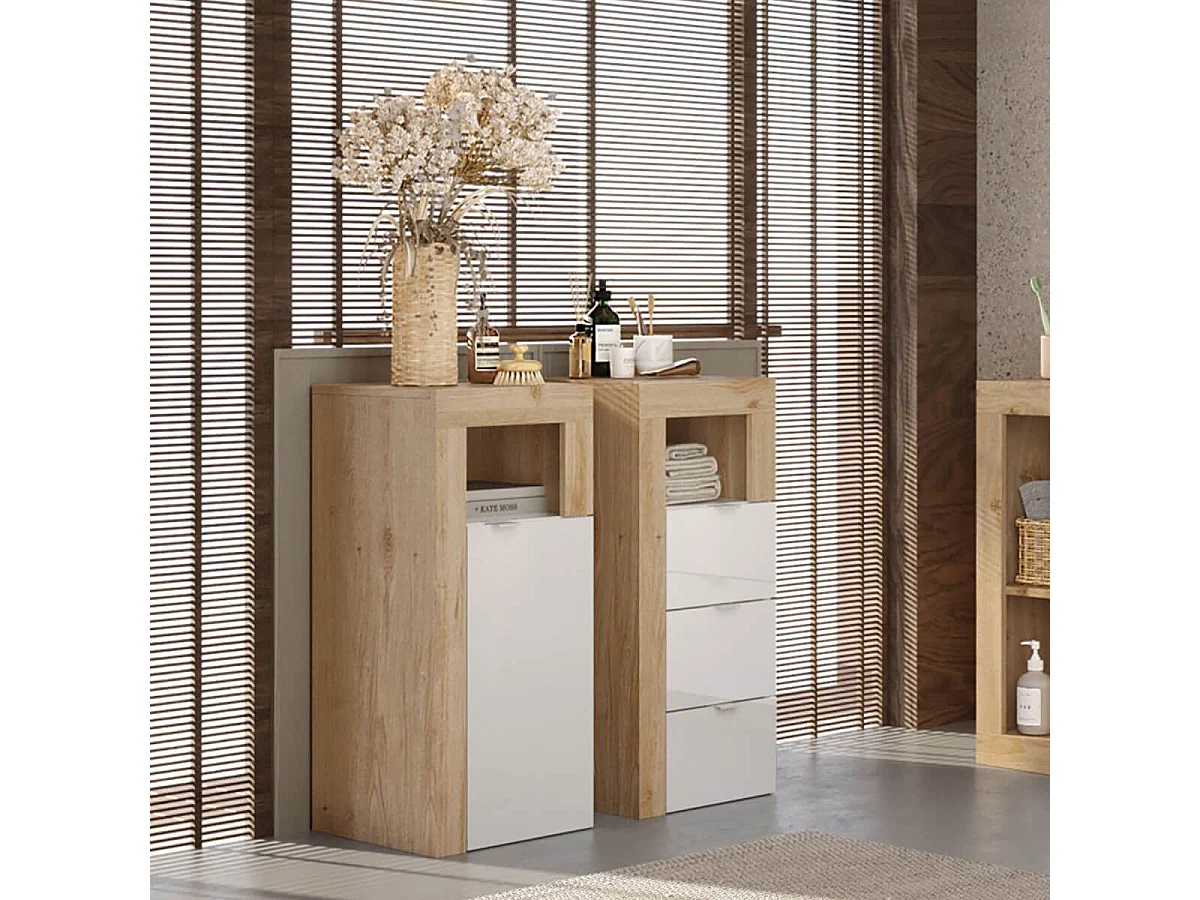 ARTURO - Rangement 3 tiroirs 35cm blanc laqué et aspect bois finition Cadiz