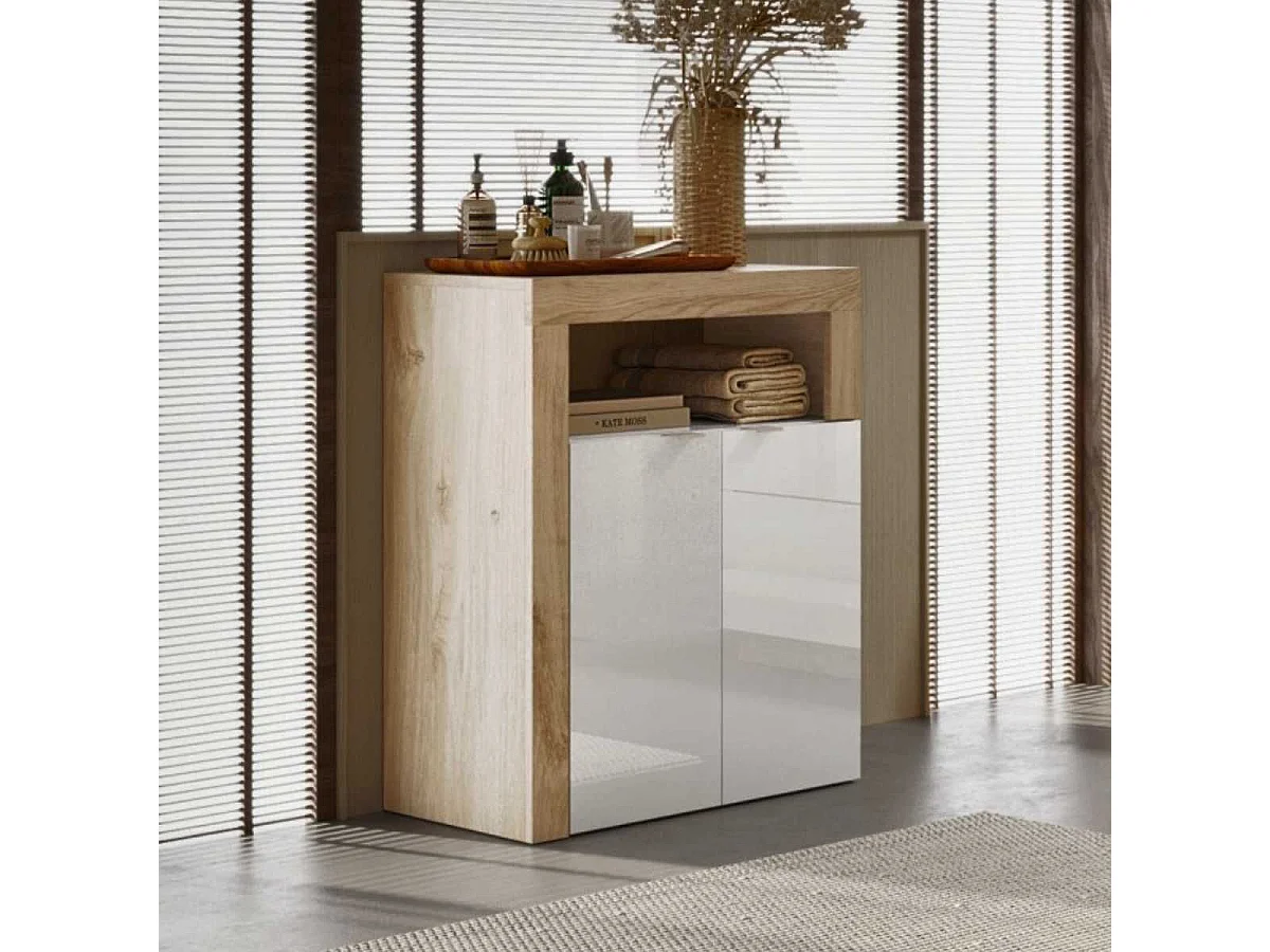 ARTURO - Rangement 2 portes blanc laqué et aspect bois finition Cadiz