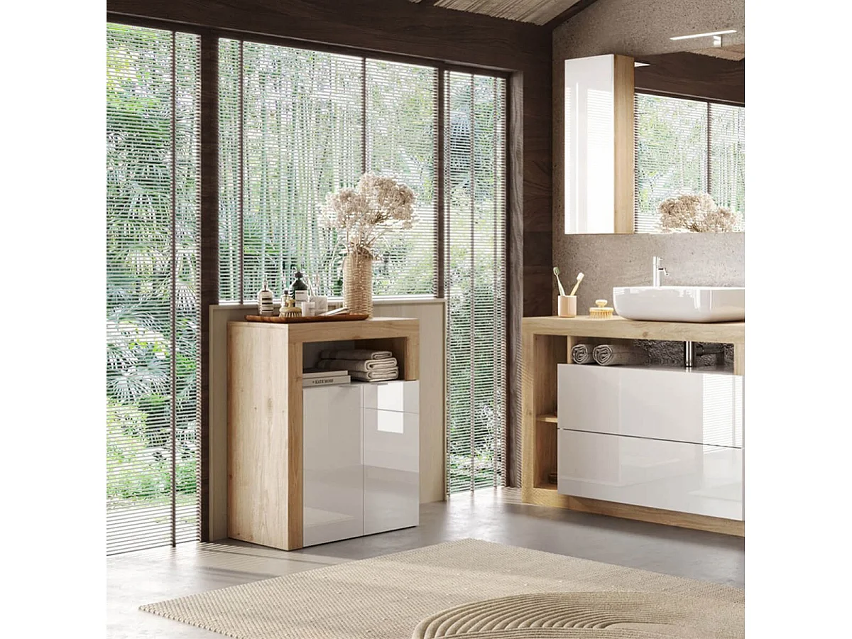 ARTURO - Rangement 2 portes blanc laqué et aspect bois finition Cadiz