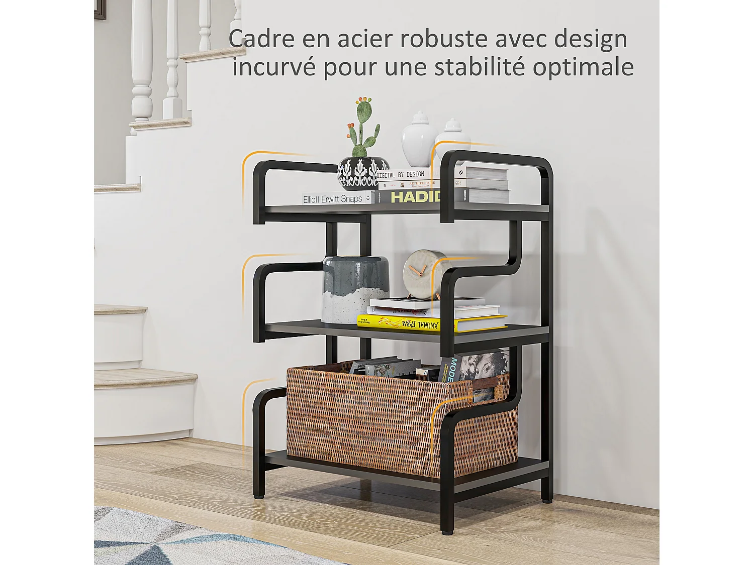 Meuble imprimante design - support imprimante 3 étagères - acier panneaux noir