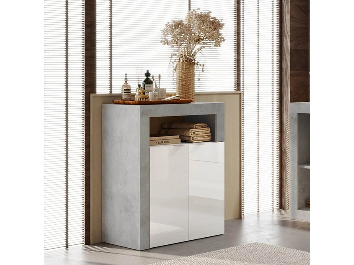 ARTURO - Rangement 2 portes blanc laqué et aspect béton