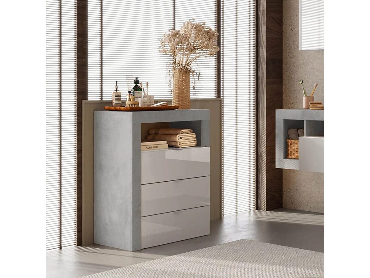 ARTURO - Rangement 3 tiroirs 64cm blanc laqué et aspect béton
