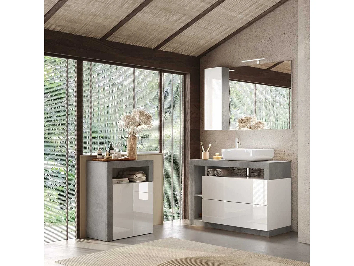 ARTURO - Rangement 3 tiroirs 64cm blanc laqué et aspect béton