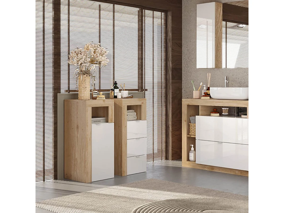 ARTURO - Rangement 1 porte blanc laqué et aspect bois finition Cadiz