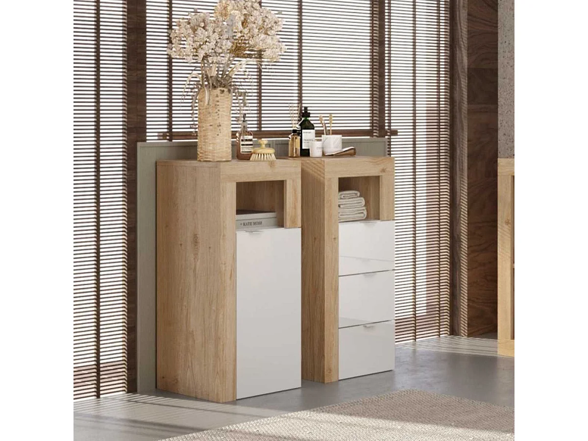 ARTURO - Rangement 1 porte blanc laqué et aspect bois finition Cadiz