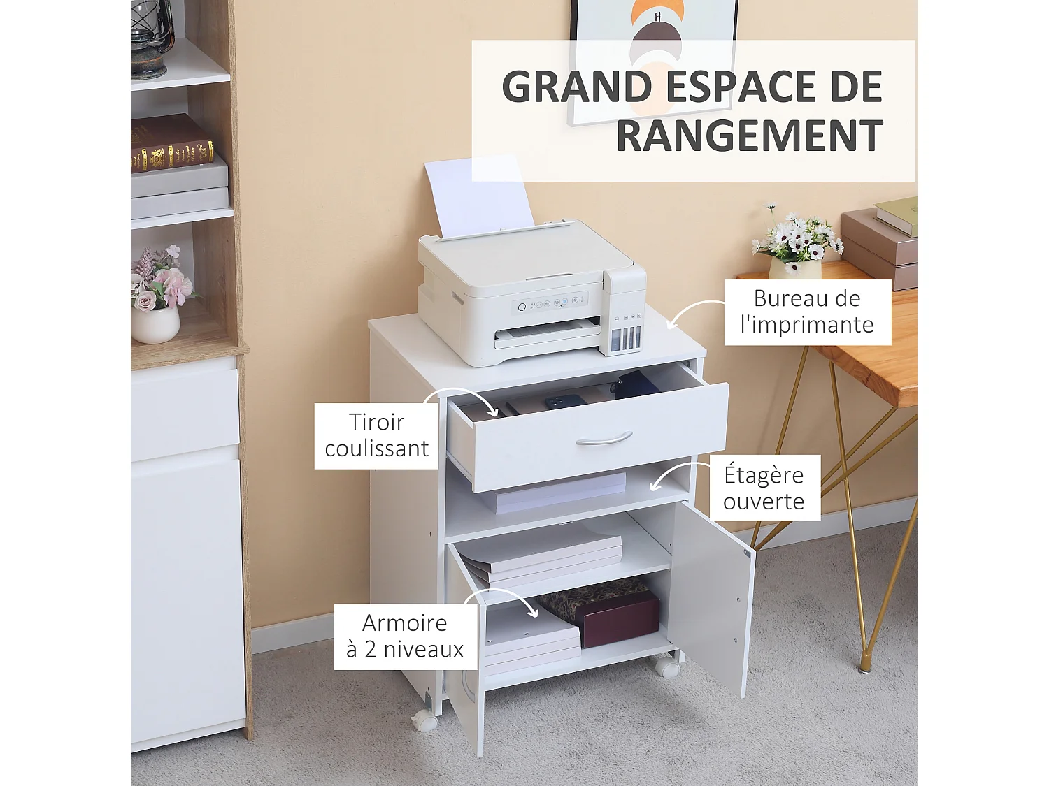 Support d'imprimante - rangement imprimante sur roulettes - tiroir, niche, 2 portes, étagère - blanc