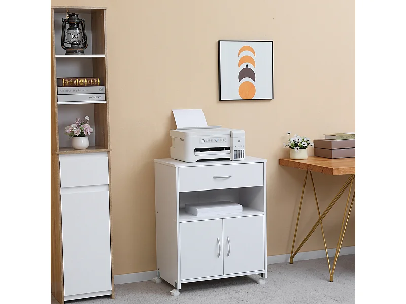 Support d'imprimante - rangement imprimante sur roulettes - tiroir, niche, 2 portes, étagère - blanc