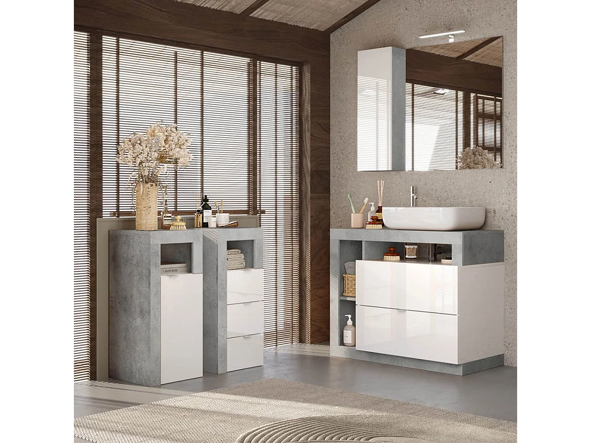 ARTURO - Rangement 1 porte blanc laqué et aspect béton