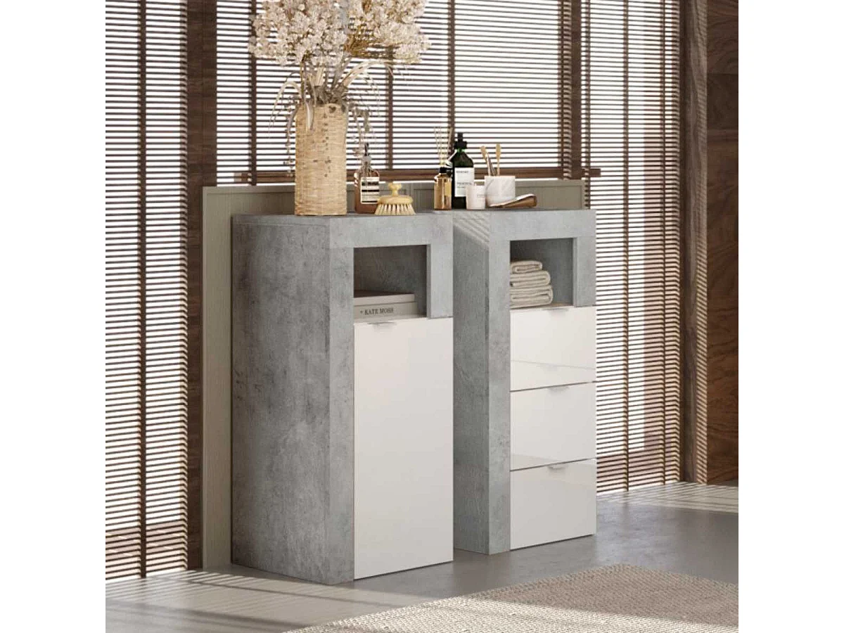 ARTURO - Rangement 1 porte blanc laqué et aspect béton