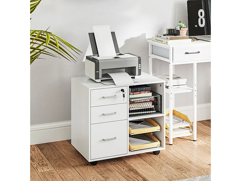 Meuble imprimante mobile - caisson de bureau - tiroir verrouillable + 2 tiroirs, 2 niches - blanc