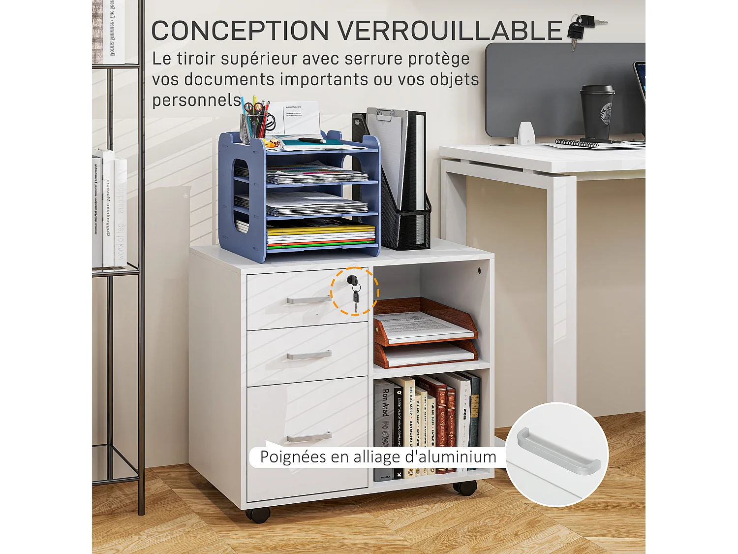 Meuble imprimante mobile - caisson de bureau - tiroir verrouillable + 2 tiroirs, 2 niches - blanc