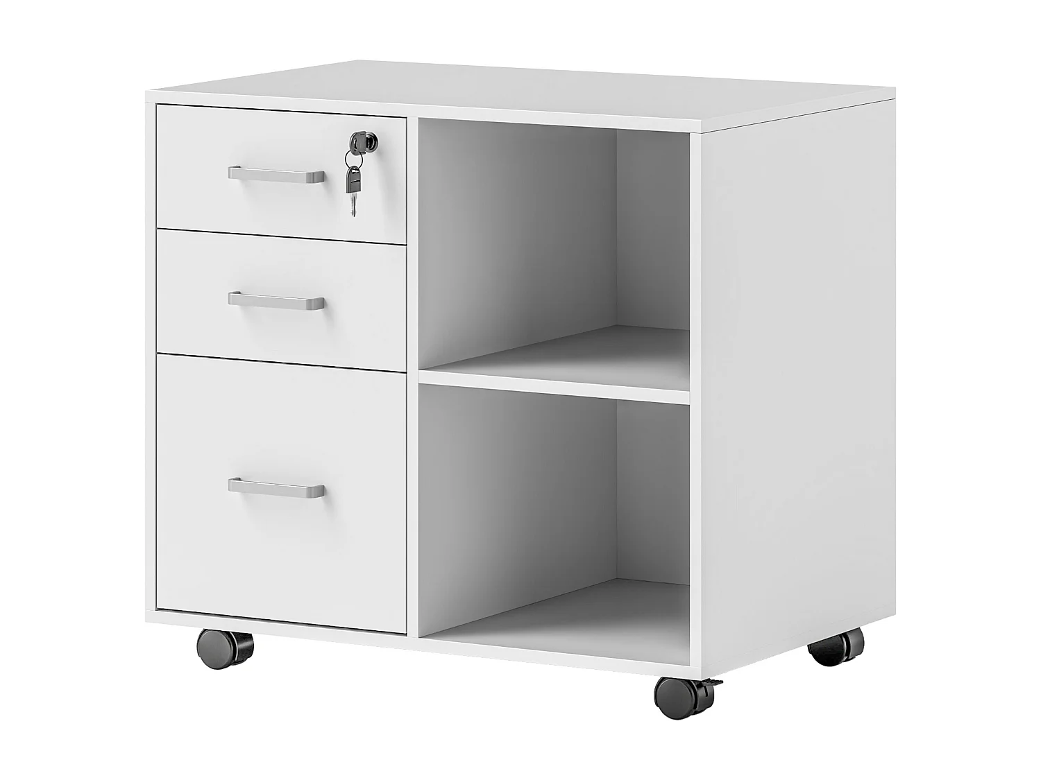 Meuble imprimante mobile - caisson de bureau - tiroir verrouillable + 2 tiroirs, 2 niches - blanc