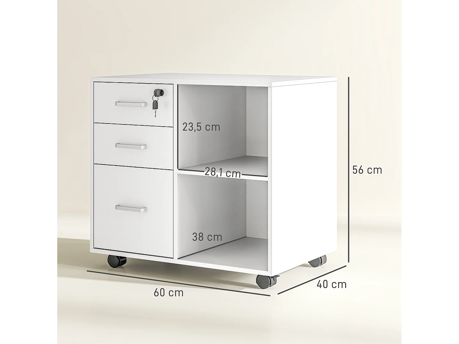 Meuble imprimante mobile - caisson de bureau - tiroir verrouillable + 2 tiroirs, 2 niches - blanc