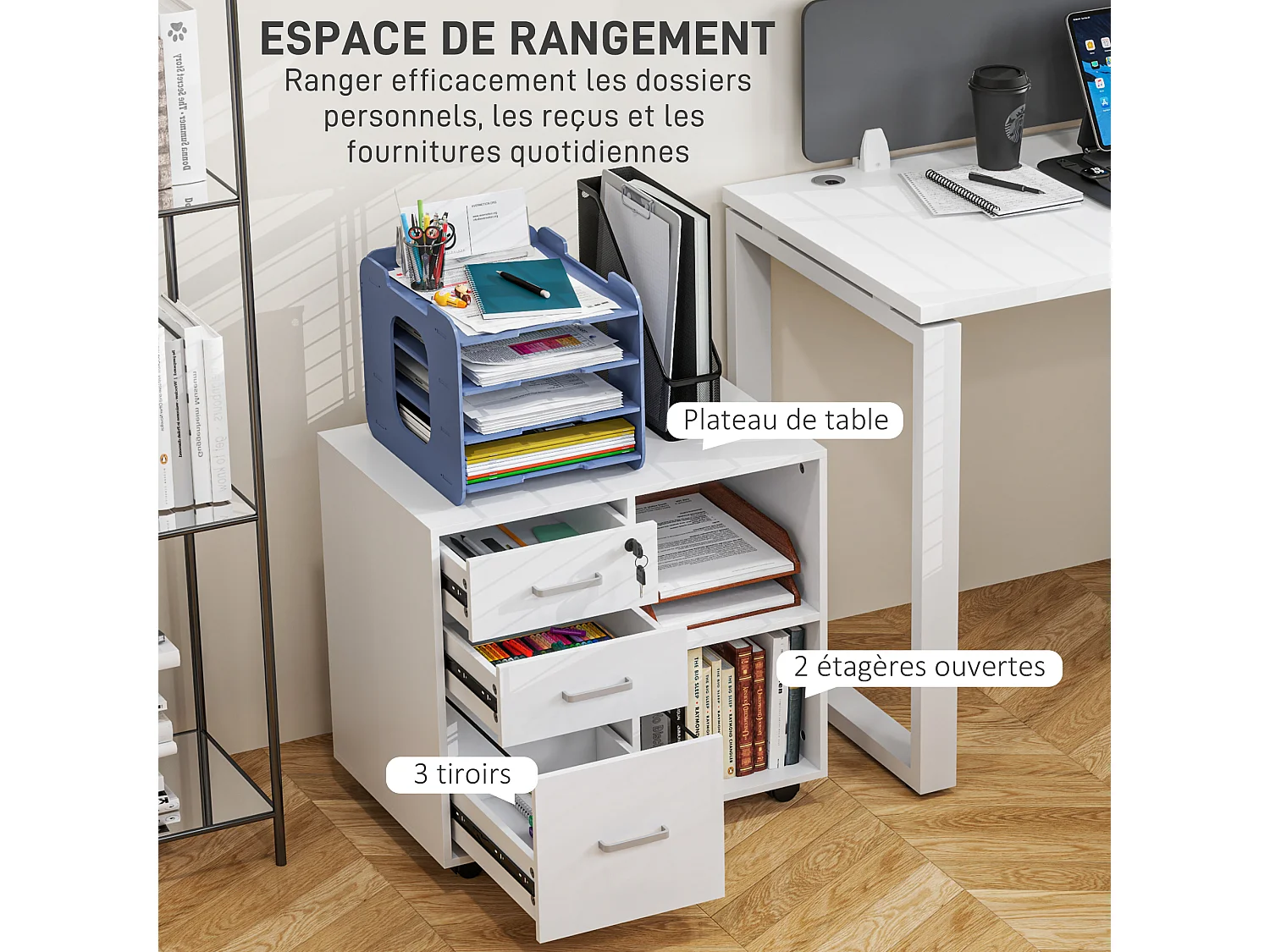Meuble imprimante mobile - caisson de bureau - tiroir verrouillable + 2 tiroirs, 2 niches - blanc