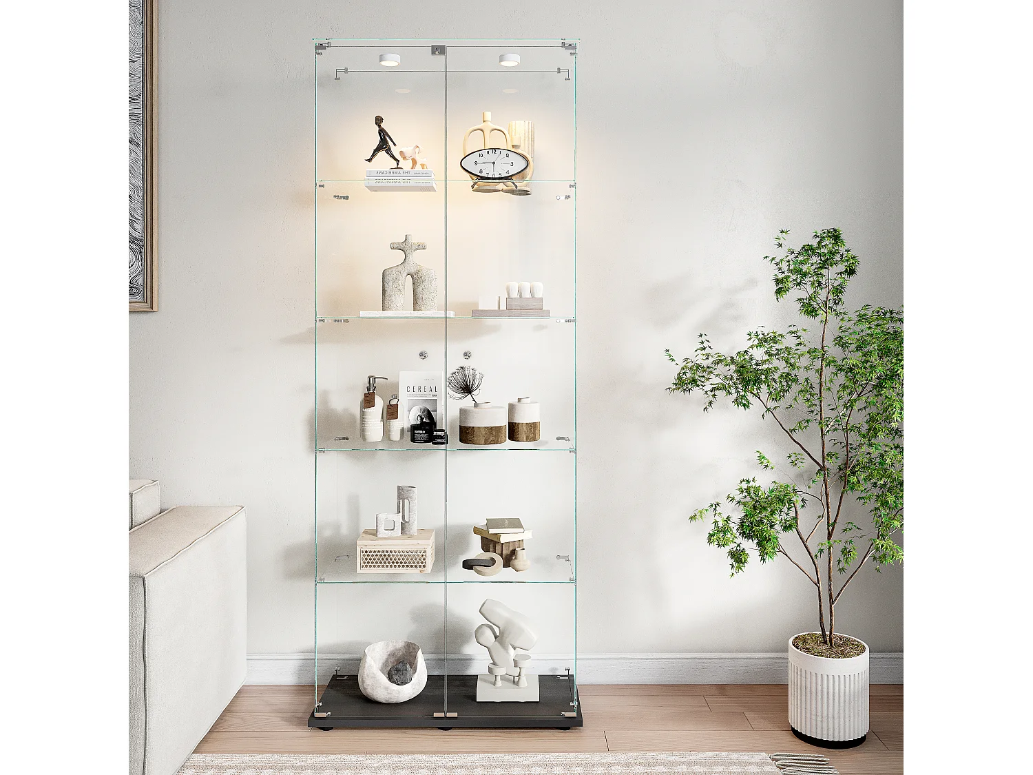 5-stöckige Glasvitrine mit individuell anpassbarer LED-Beleuchtung – Schwarzer Sockel