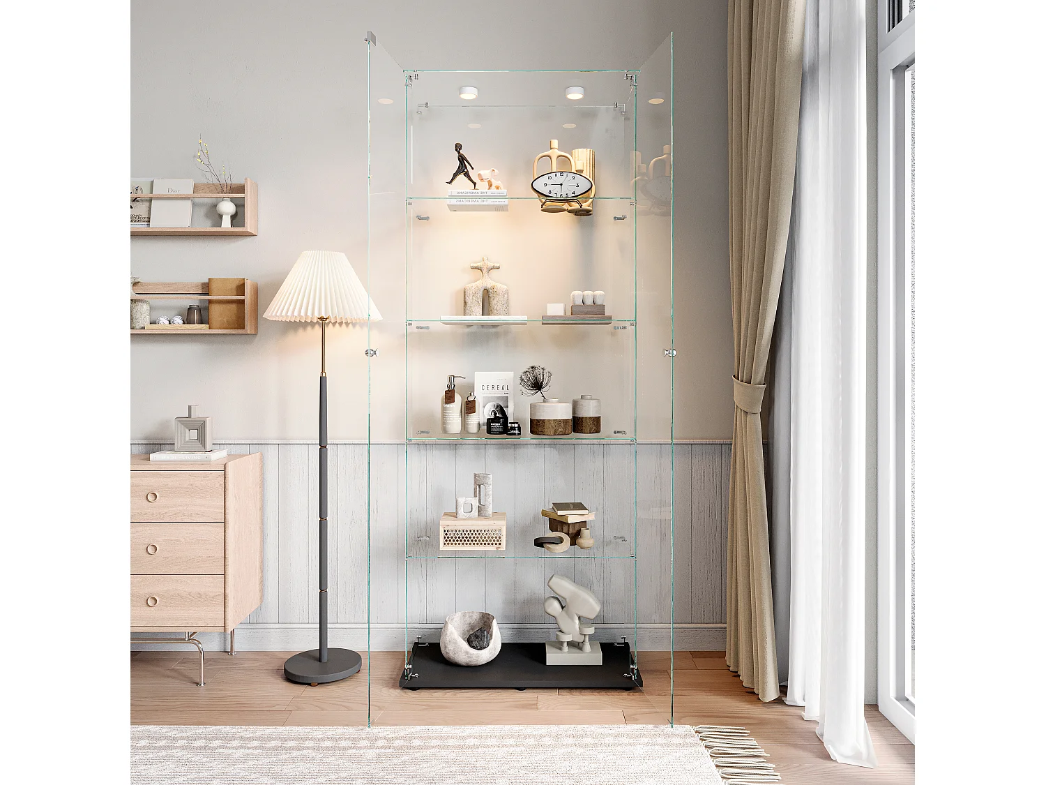 Vitrine de vidro com 5 prateleiras e iluminação LED personalizável – Base preta