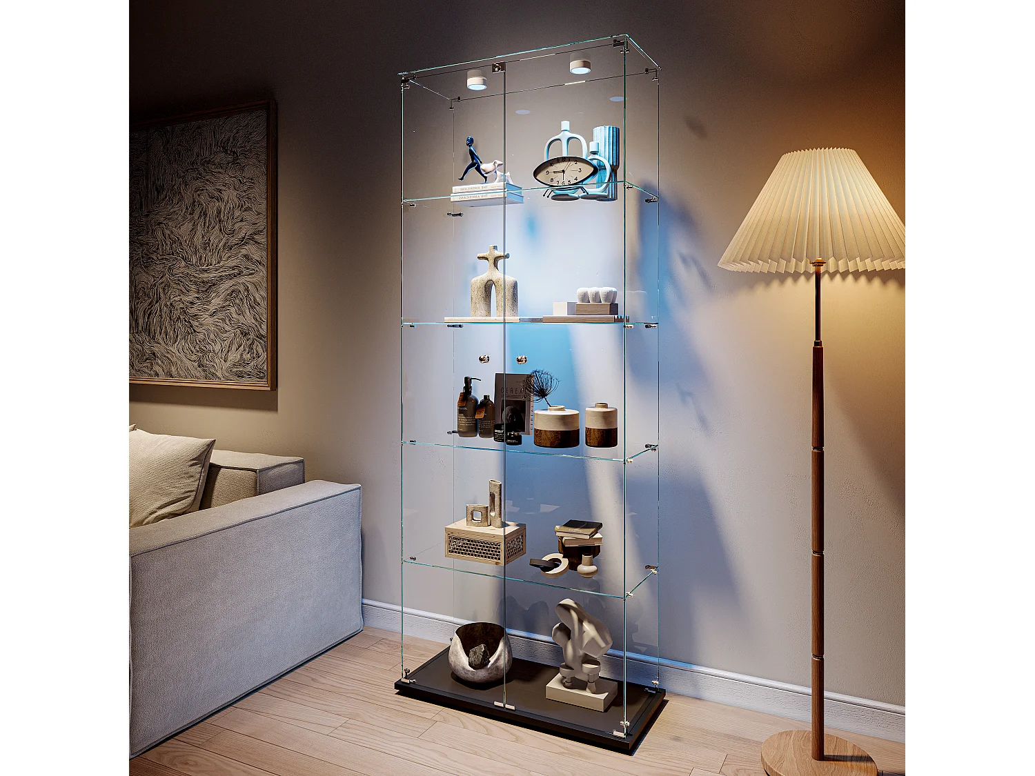 Vitrine de vidro com 5 prateleiras e iluminação LED personalizável – Base preta