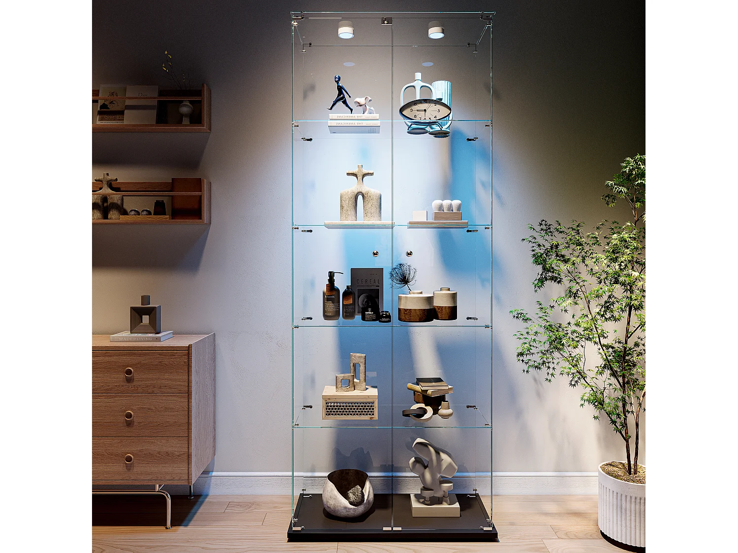 Vitrine de vidro com 5 prateleiras e iluminação LED personalizável – Base preta