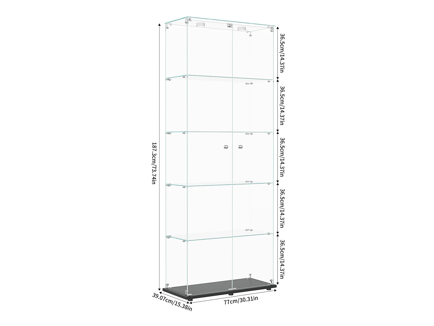 Vitrine de vidro com 5 prateleiras e iluminação LED personalizável – Base preta