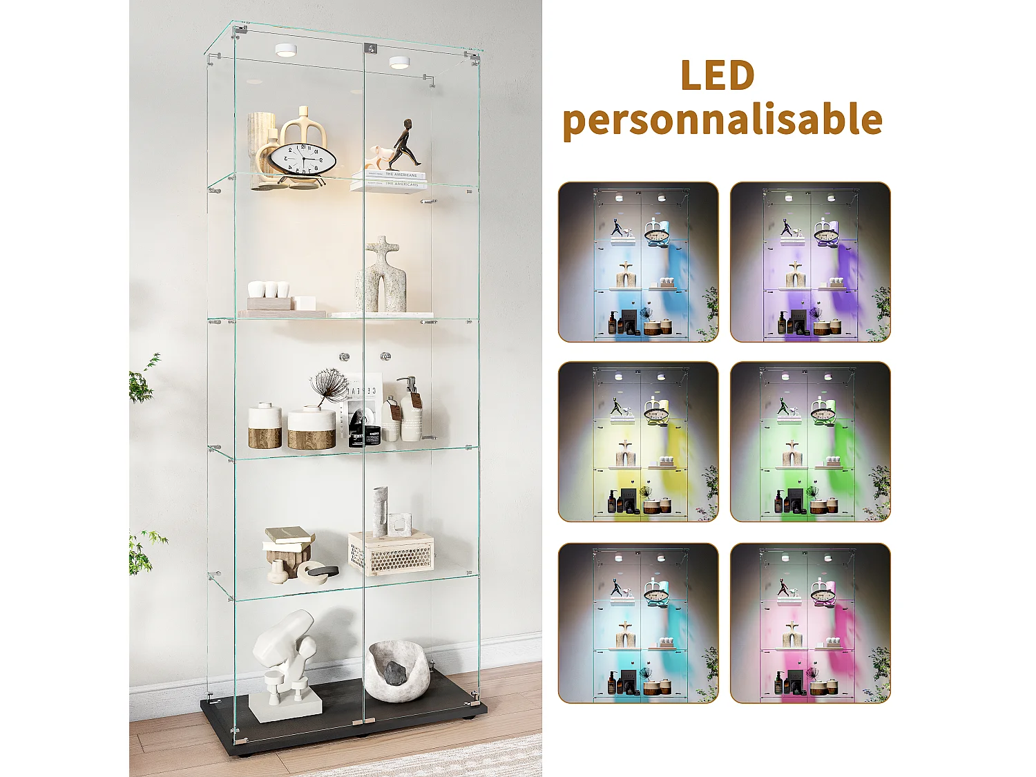 Vitrine de vidro com 5 prateleiras e iluminação LED personalizável – Base preta