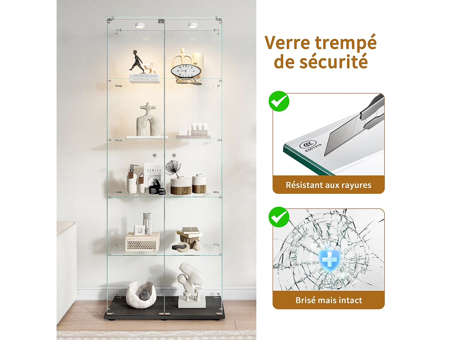 Vitrine de vidro com 5 prateleiras e iluminação LED personalizável – Base preta