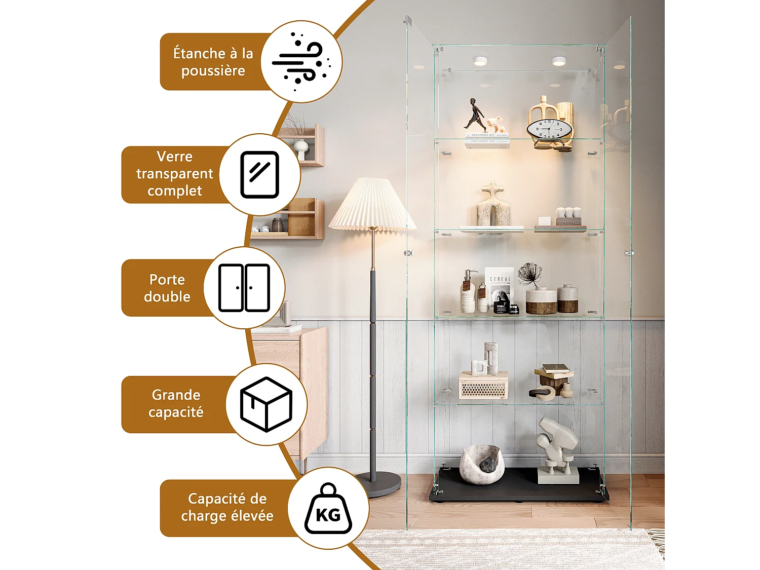 Vitrine de vidro com 5 prateleiras e iluminação LED personalizável – Base preta