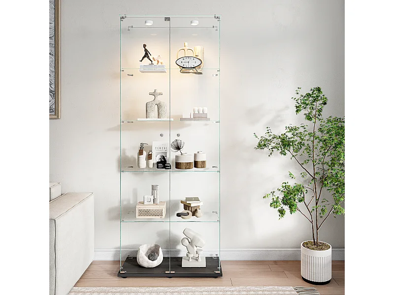 Vitrine en verre à 5 étagères avec éclairage LED personnalisable – Base noire