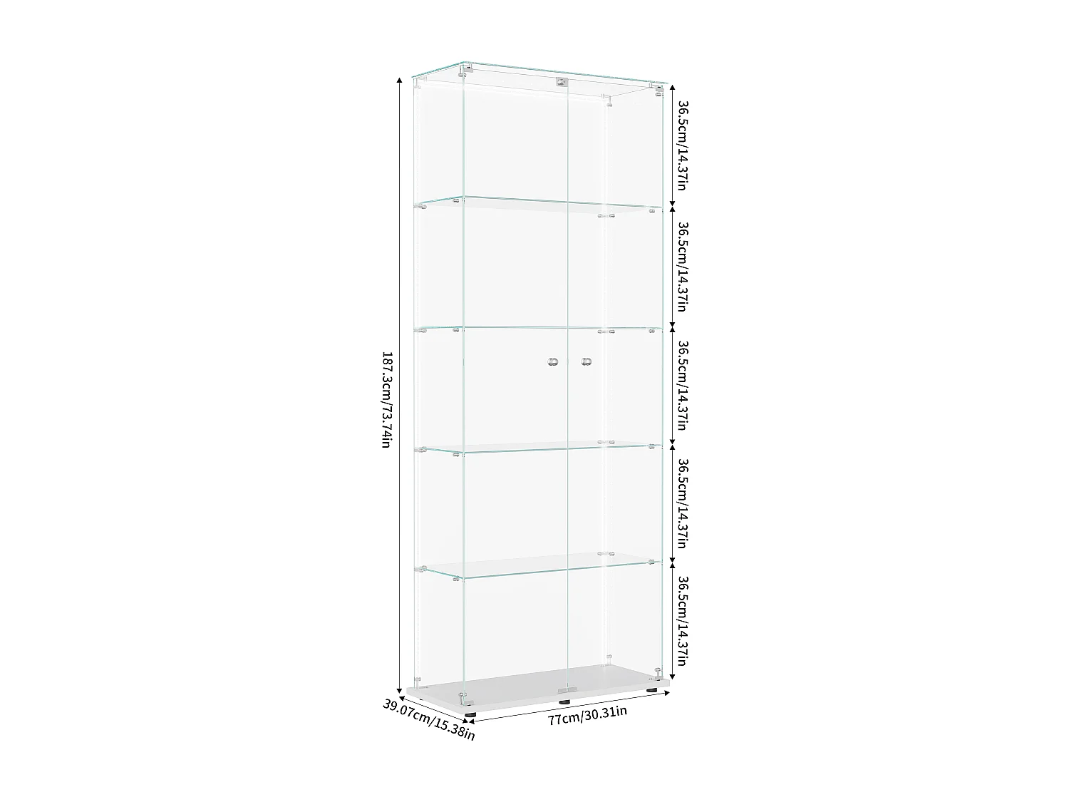 5-stöckige Glasvitrine mit individuell anpassbarer LED-Beleuchtung – Weißer Sockel
